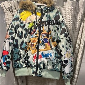 Members Only Cartoon Print Jacket with Fur Hood